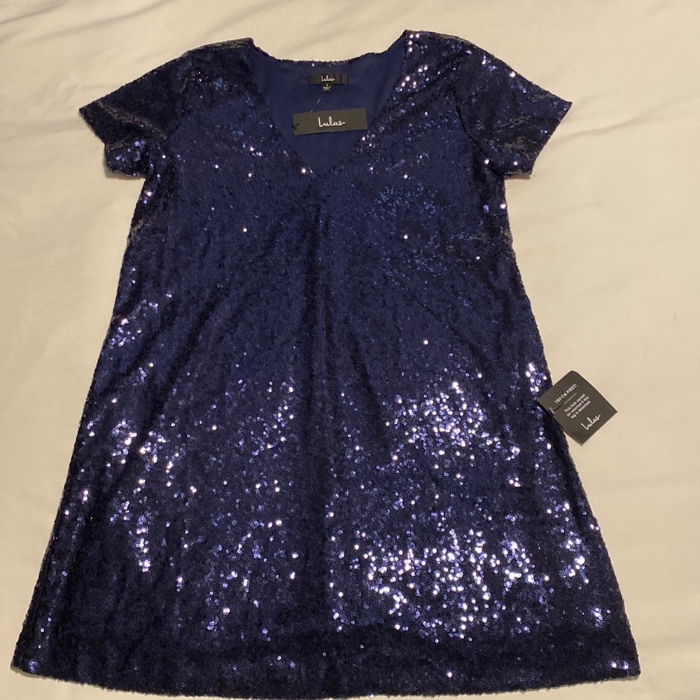 NWT Lulus navy blue sequin shift dress